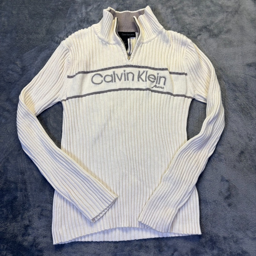 Calvin Klein Jeans Quarter Zip Sweater Women's Medium Rib Knit Logo Pullover